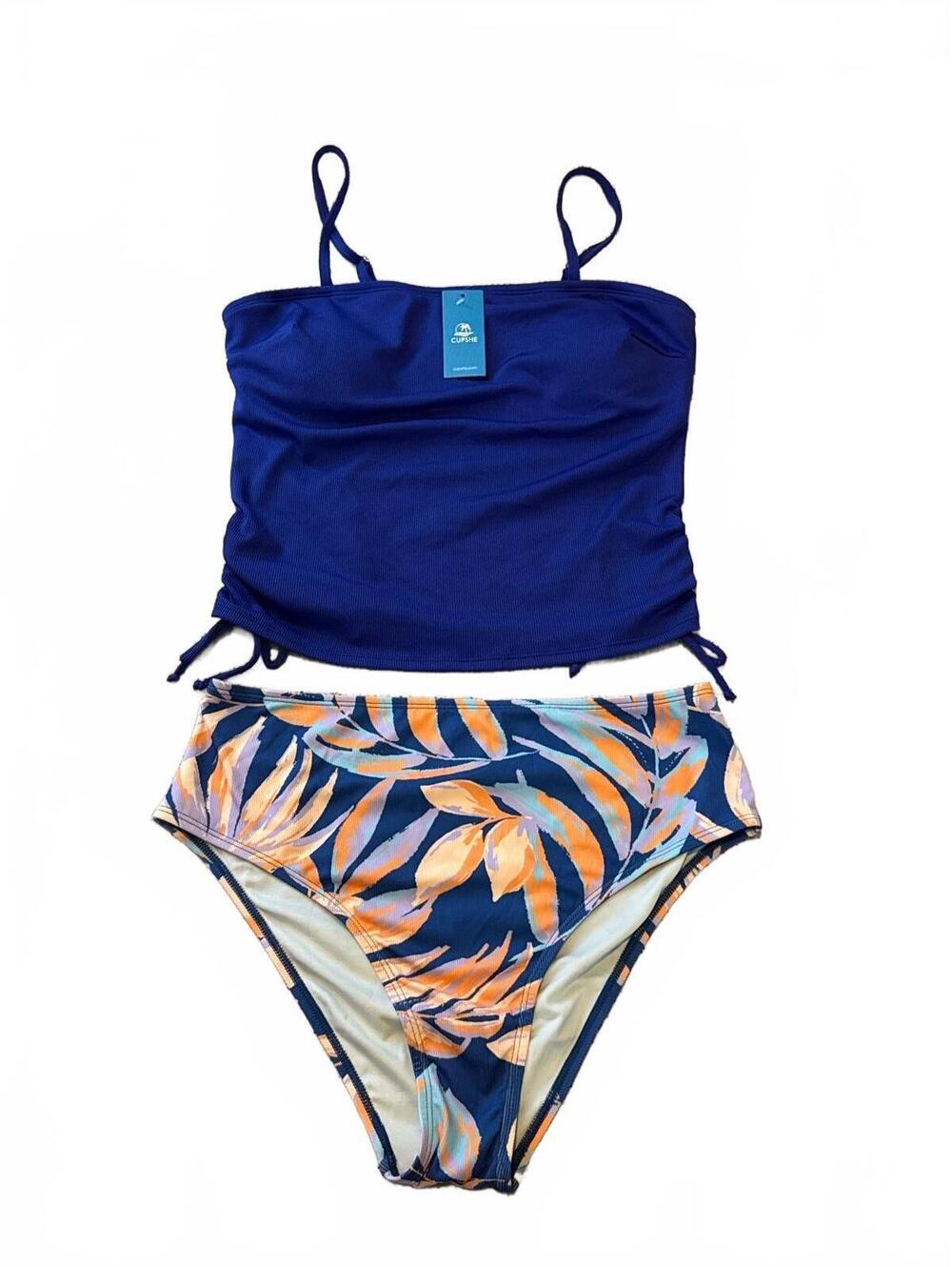NWT Cupshe Women Tankini Swim L Blue Ribbed Top High Waist Tropical Leaf Bikini